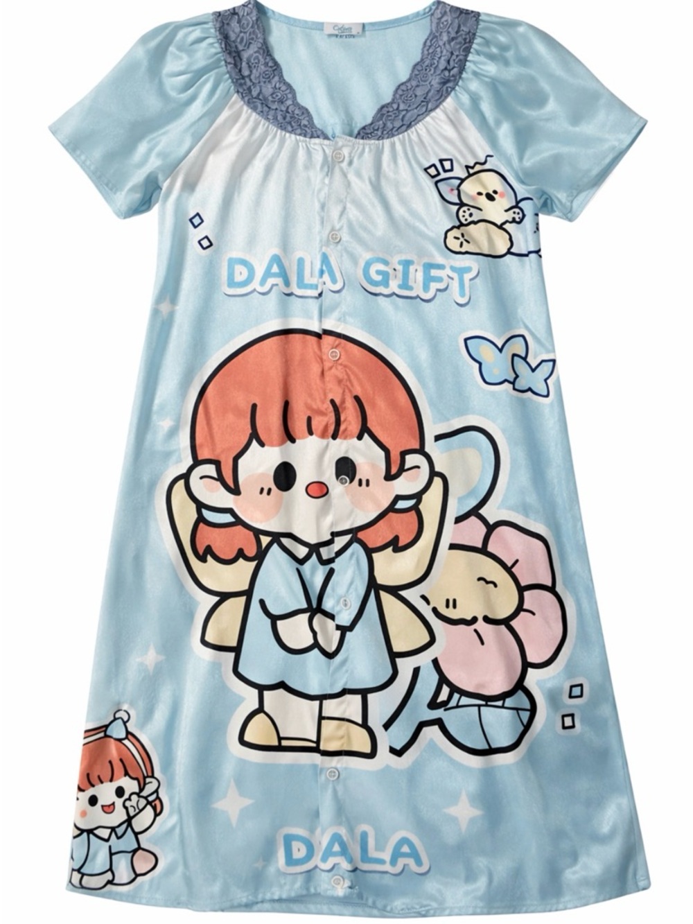 Dala Gift Light Blue Girls' Cartoon Button-Front Nightgown